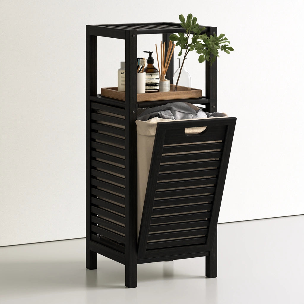 Wäschekorb mit Klappfach, aus Holz, Farbe: schwarz