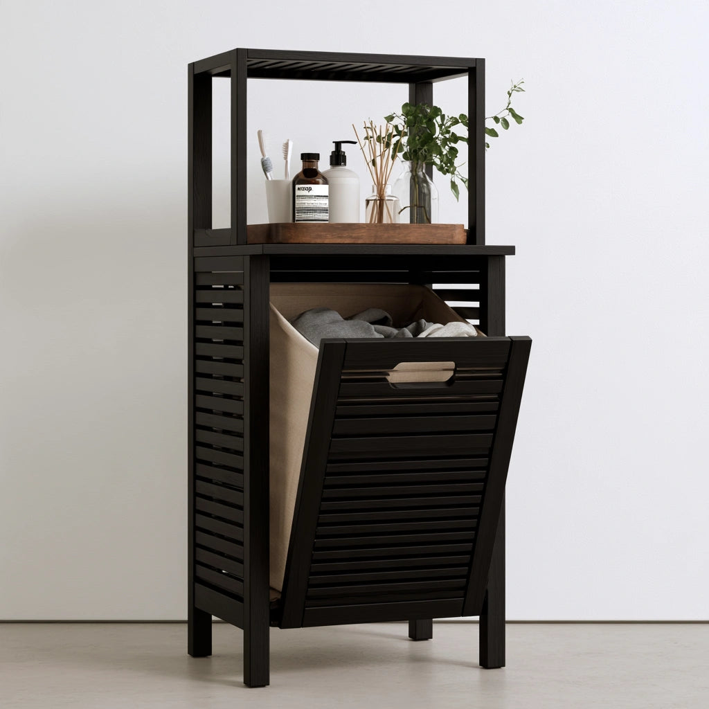 Wäschekorb mit Klappfach, aus Holz, Farbe: schwarz